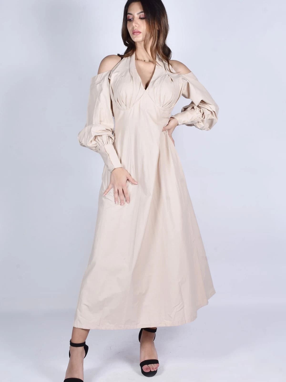 Poplin Maxi Elbise, Ekru