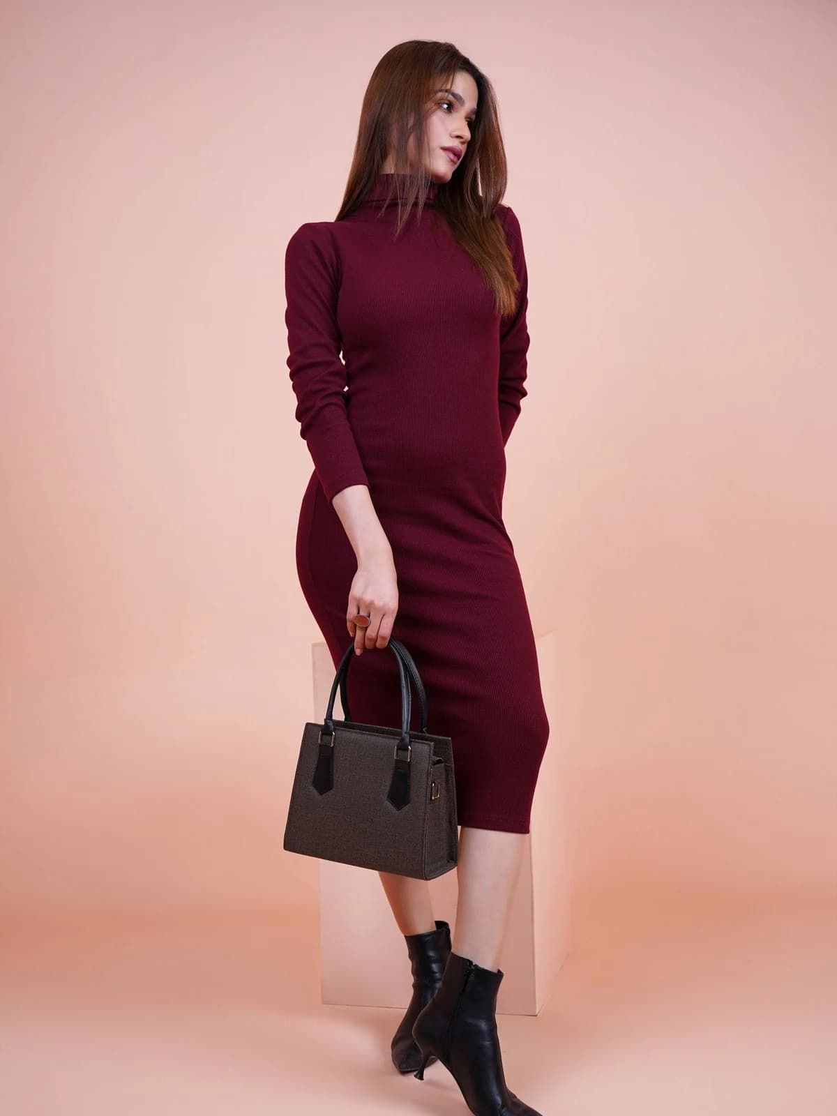 Balıkçı Yaka Örme Elbise, Bordo